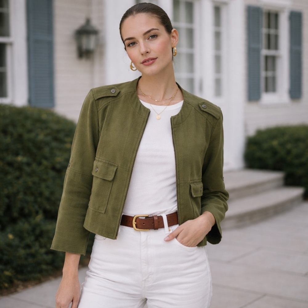 Vintage 90s Army Green Cropped Utility Jacket Safari Military Minimalist Y2K 10